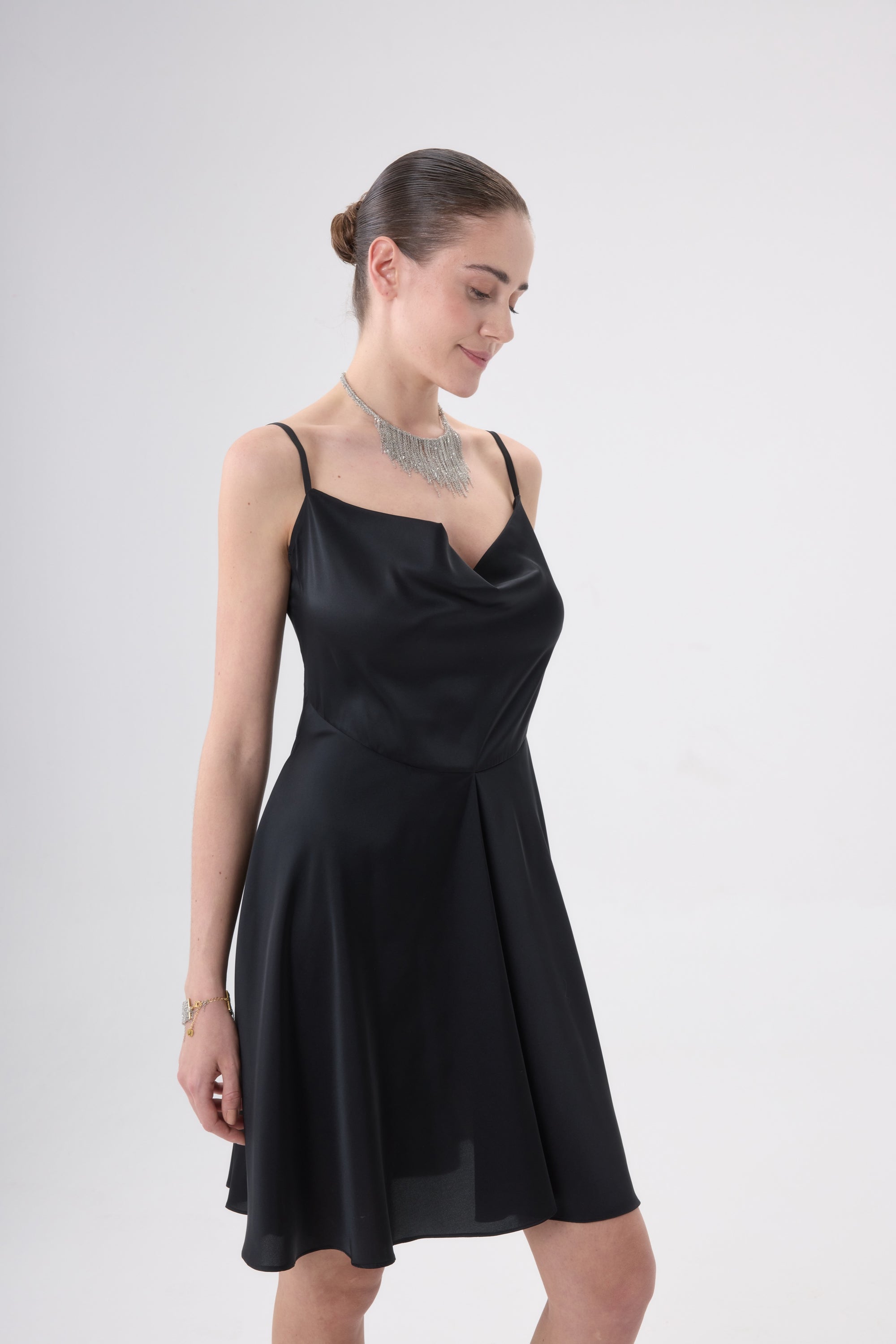 Rani Saten Mini Elbise - Siyah