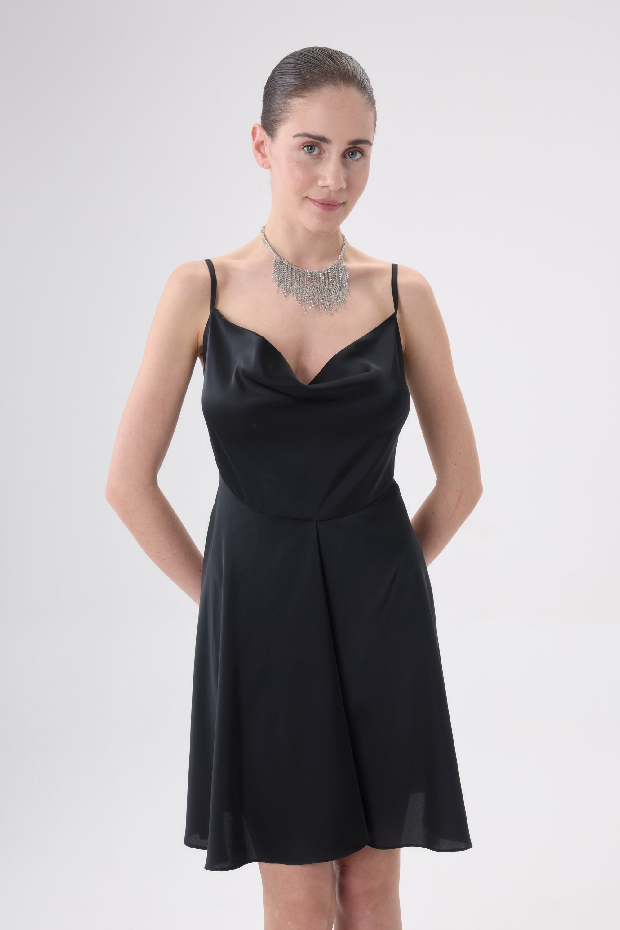 Rani Saten Mini Elbise - Siyah